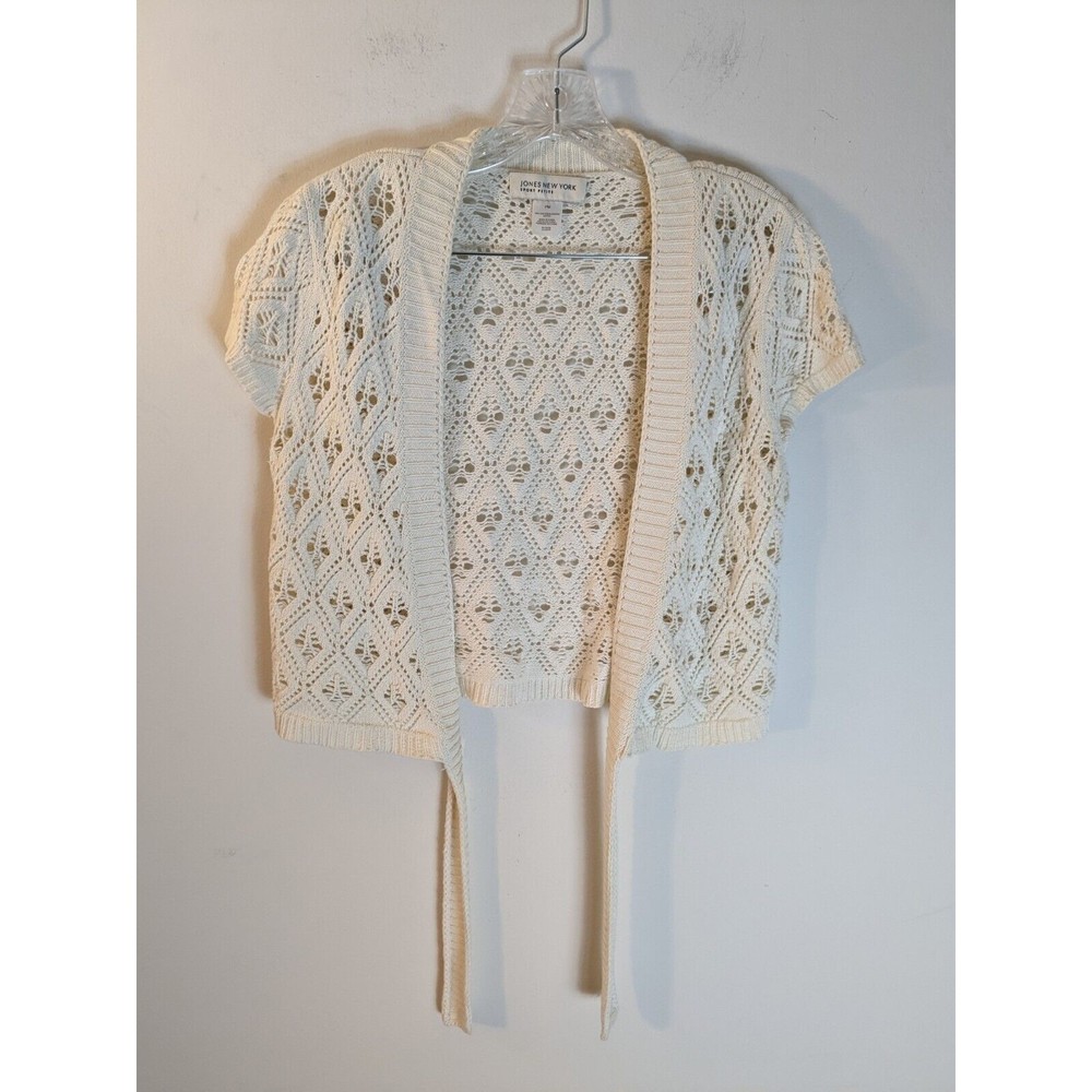 Jones New York White Crocheted Sweater with bottom tie, Size Petite Medium